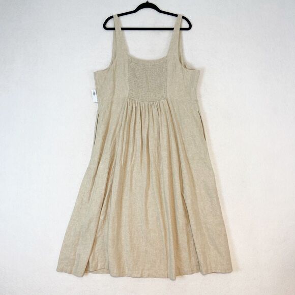Old Navy‎ Linen Midi Dress Sz XXL Beige Flax Minimalist Capsule Smocked Pockets - Picture 5 of 8